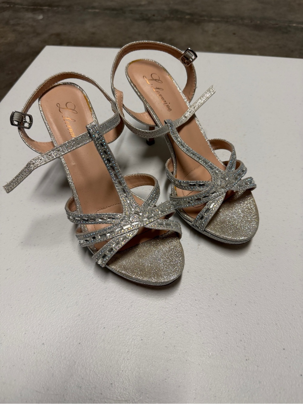 L'Amour Silver Glitter T-Strap Rhinestone Heels